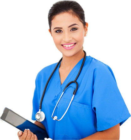 A woman in blue scrubs holding a clipboard.